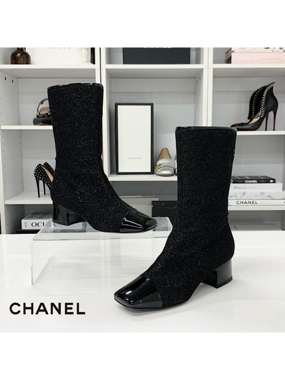 Chanel Fabric Patent Glitter CC Logo Middle Boots Black